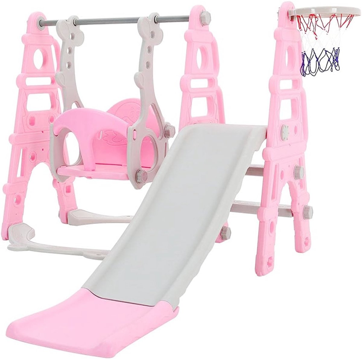 4-in-1 Kinderglijbaan & Schommelset – Peuter Klimmer met Basketbal Hoop | Veilig & Stevig | Indoor & Outdoor Speeltoestel voor Tuin & Speelkamer – Roze